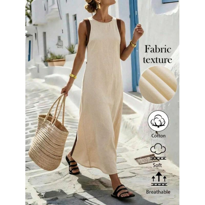 European casual temperament contrasting colors loose and thin sleeveless round neck rear split fork long dress women S