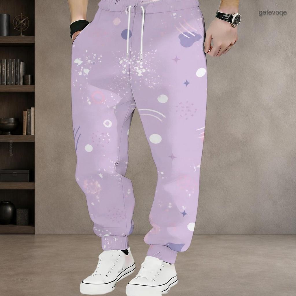 Men S Plus Size Abstract Printed Drawstring Jogger Pants White Grey Beige Cuffed Ankle Side Pockets Trousers