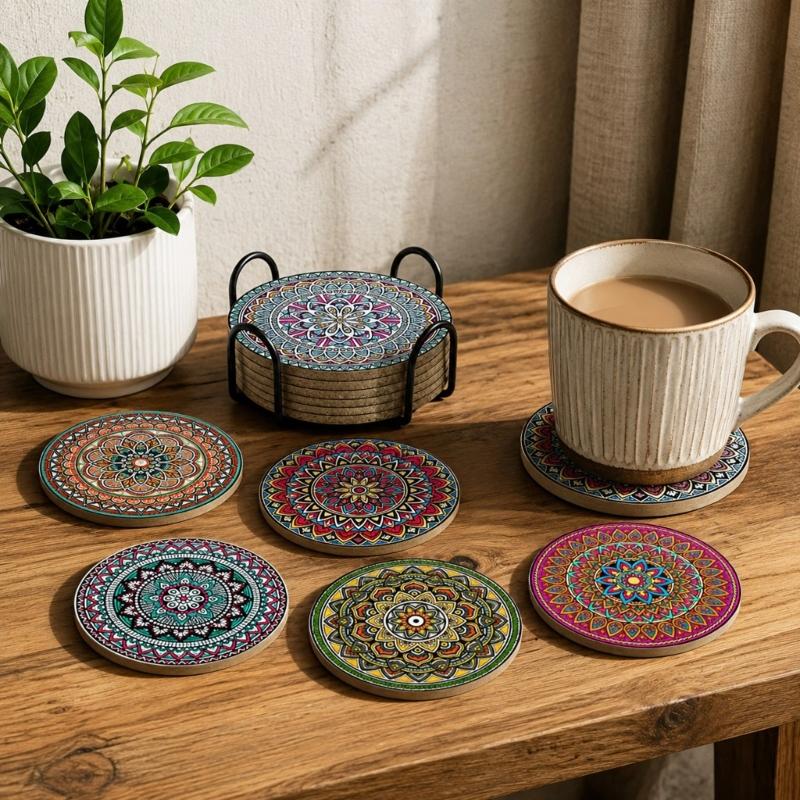 Round Cup Guard Set with Rack, 6 Piece Guard Set for Glasses and Cups, Styled Accent for Dining Tables and Coffee