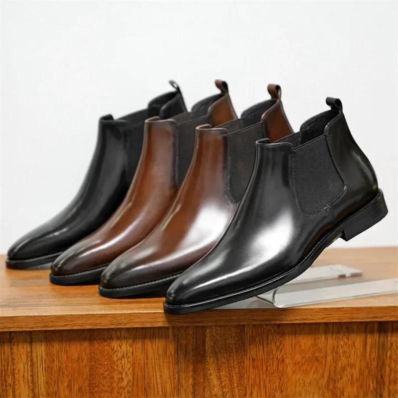 Autumn Winter Square Head PU Ankle Boot Business Casual Men Short Boots Fashion Men's Chelsea Boots Handmade Leather Shoes