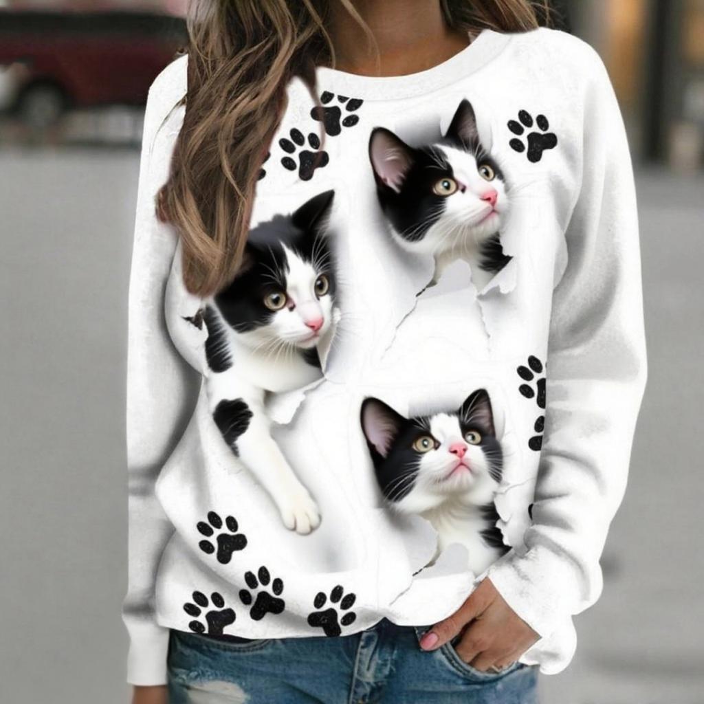 Women's Long-Sleeve T-Shirt Autumn Casual Long-Sleeve T-Shirt Top Funny Cat Print Fashion Plus Size Loose-Fit Women's Clothing