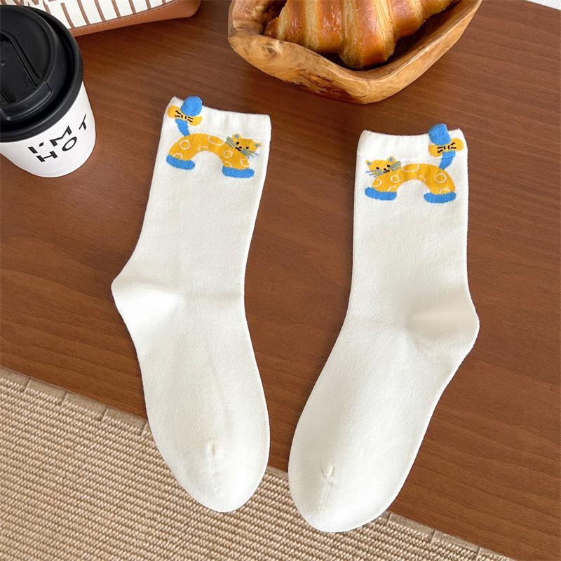 

Женские весенне-осенние милые мультяшные носки-гольфы с котиком в трубе 1 pair белый/жёлтый