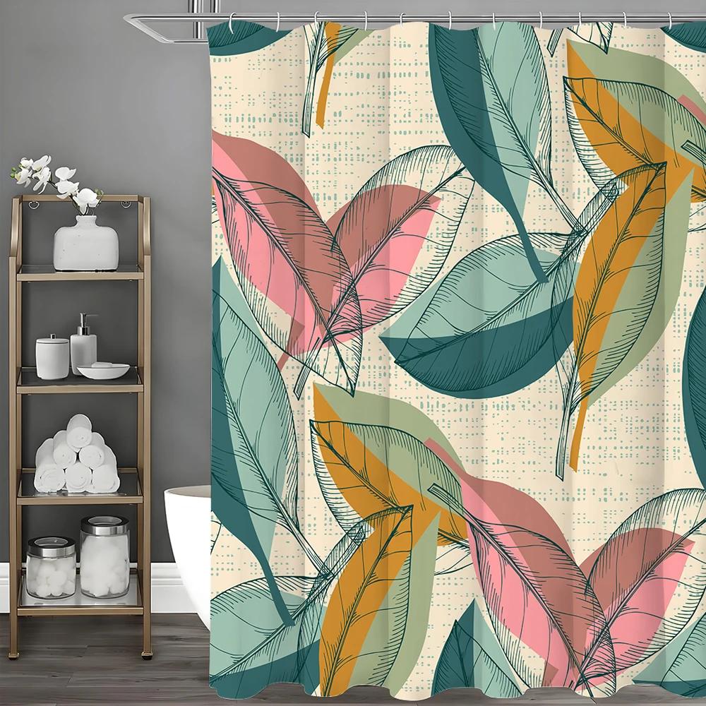 Colorful retro leaf shower curtain, bathroom decoration waterproof shower curtain with hook 180x 230cm multi-size optional