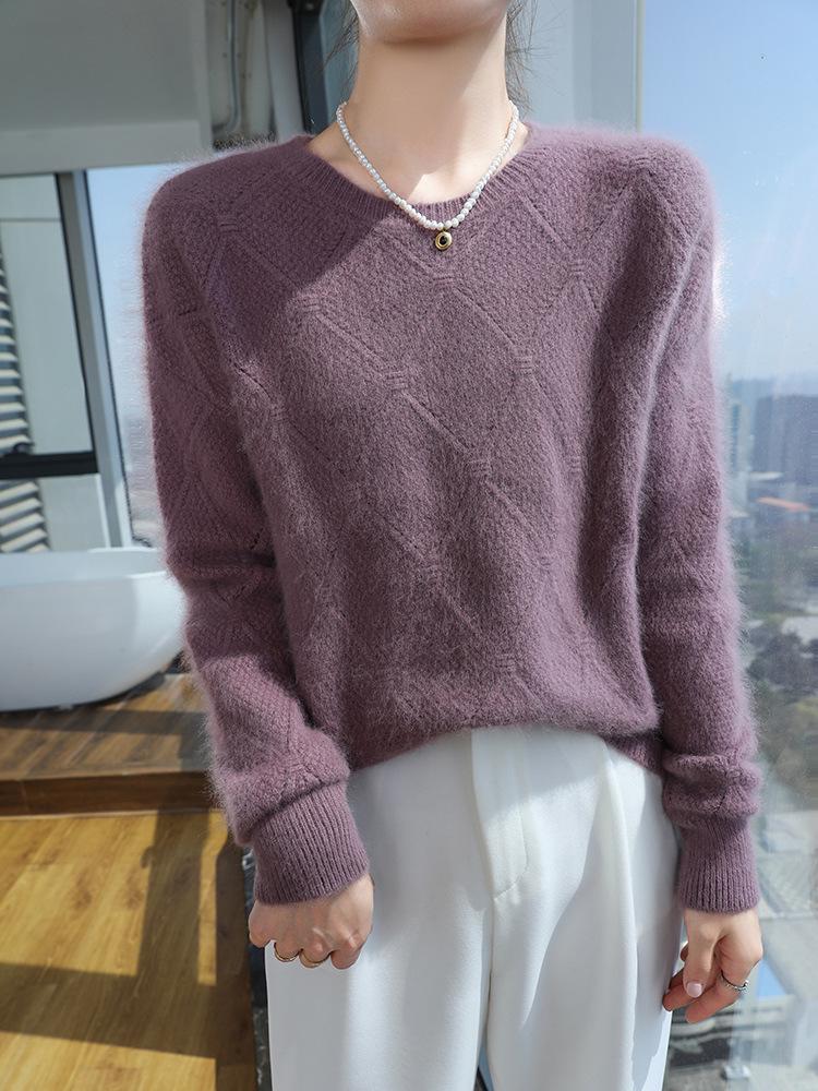 2025 Autumn/Winter Women's Loose Mink Cashmere Pullover - Round Neck, Solid Color, Diamond Knit