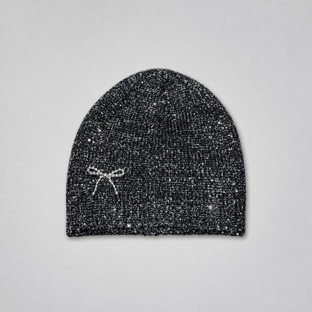 Rhinestone Bow Decor Skull Cap Hat Lightweight Warm Lining Sparkly Beanie Hat  Daily Wear
