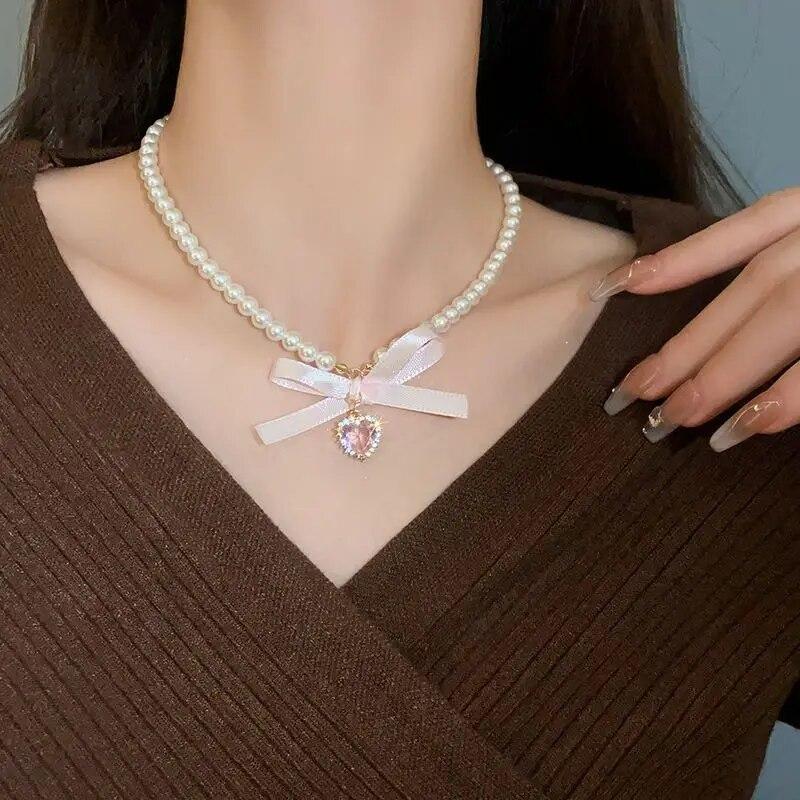 

Y2K Ретро Эстетический милый розовый кристалл сердце лук кулон имитация жемчуга бисерная цепочка ожерелье женские ювелирные аксессуары