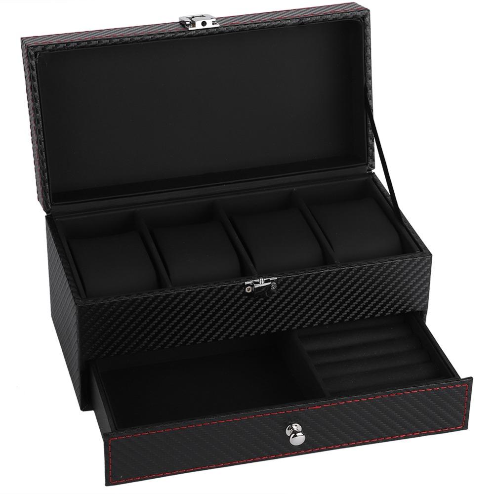 Svart kolfiber PU Smyckesförvaringsfodral 22,2 * 11 * 11,2 cm Klockbox Snygg Armbandsbox För Kvinnor