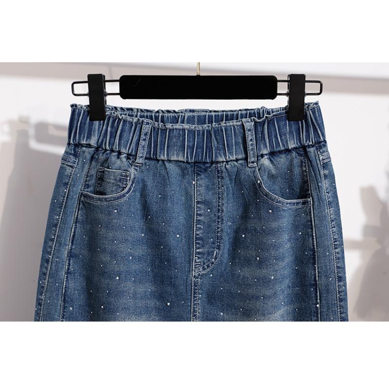 DIMANAF 2026 Summer Plus Size Women Skirts Elastic Waist Denim Solid Blue Oversize Lady Casual Cotton Long Skirts Beading