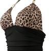 Women's Leopard Print & Black Halter One Piece Swimsuit - Ruched Tummy Control Metal Accent Beachwear