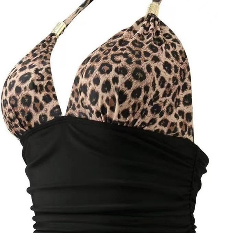 Women's Leopard Print & Black Halter One Piece Swimsuit - Ruched Tummy Control Metal Accent Beachwear
