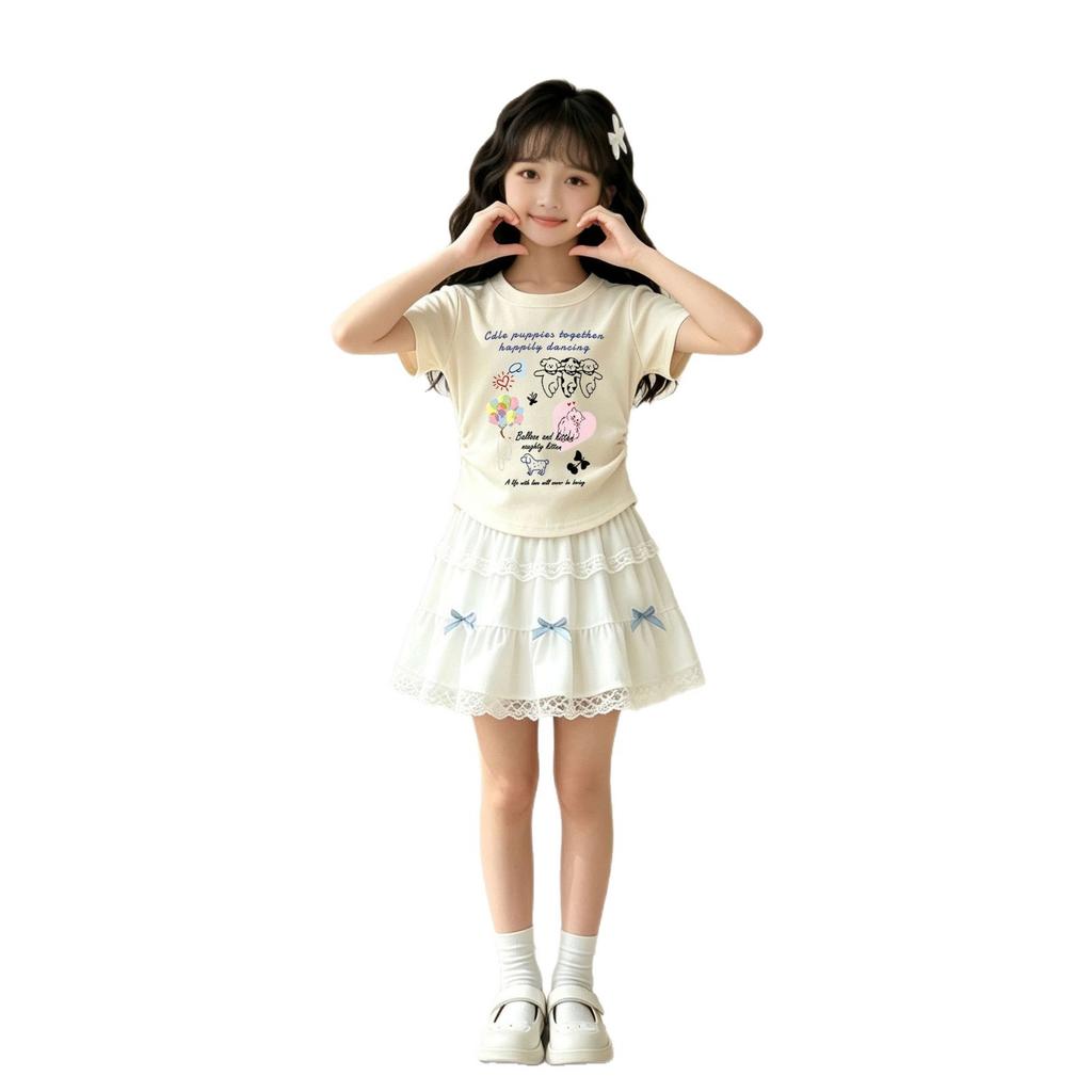 Girls Summer Cartoon Print Short Sleeve Top with Bow Cake Dress Set