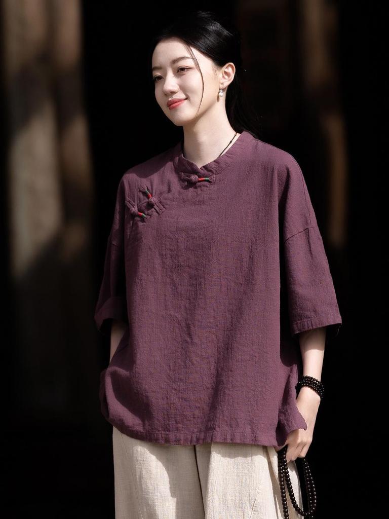 Women's Summer Cotton Linen Retro Stand Collar Top with Frog Buttons and Color Block Design
