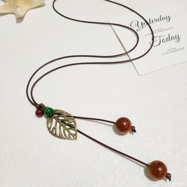 Retro Leather Rope Necklace with Wooden Alloy Pendant for Cotton and Linen Sweaters