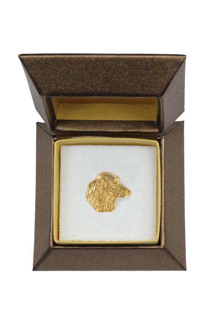 Dachshund V - Broche de cachorro em caixa decorativa, alfinete elegante banhado a ouro, alfinete de lapela da marca Art-Dog