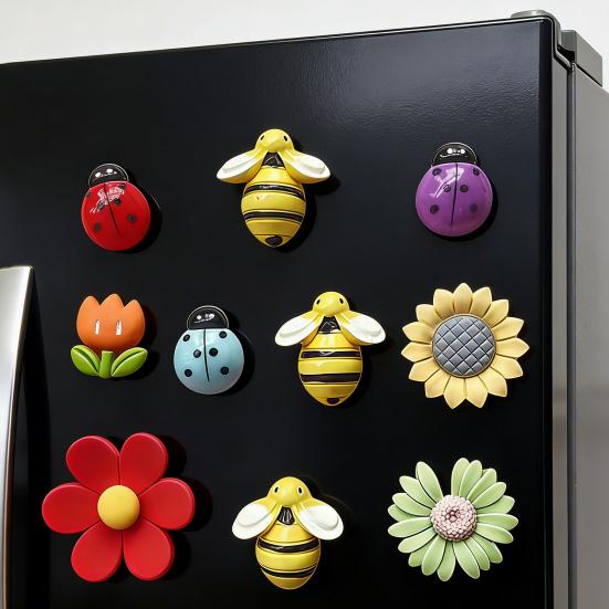 10Pcs Animal Flower Refrigerator Magnet Resin Ladybird Bee Tulip Sunflower Fridge Magnet Home Office Kitchen Whiteboard Locker Decoration Magnet