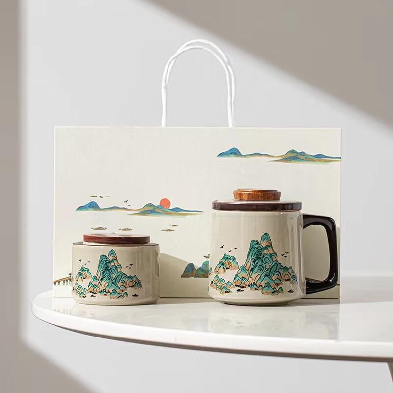 Thousand Miles Ceramic Tea-Water Separation Cup Gift Set Wood Language Cup + Tea Caddy Gift Set