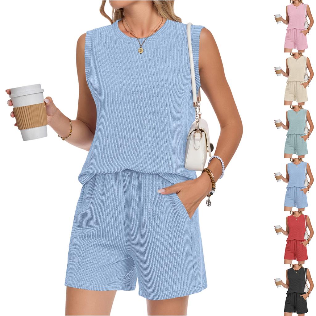 Women Sleeveless Crew Neck Tank Top and Shorts Set with Pocket Relaxed Fit Two Piece Outfits for Daily Wear