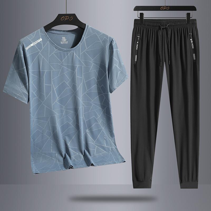 Ice Silk Casual Suit Men's Sports Outdoor Loose Two-piece Set Breathable Quick Drying Round Neck T-shirt Pants