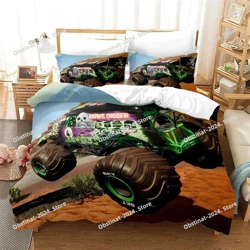Boys Cars Duvet Cover Cartoon Monster Truck Cool Vehicle Bedding Set Off Road Vehicle Locomotive Comforter Cover King Size