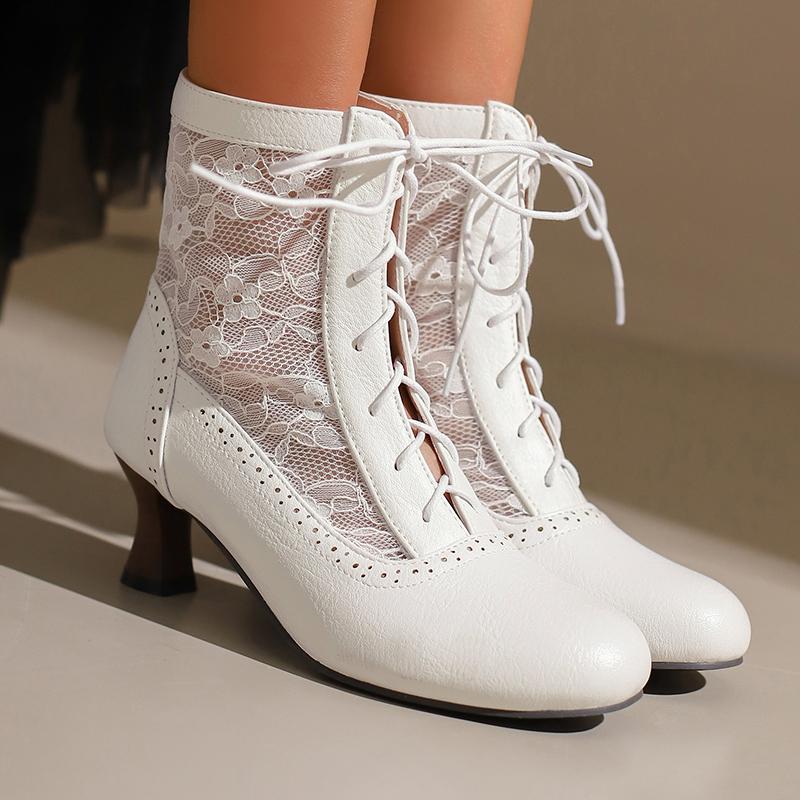 Retro Cosplay Summer Boots Women Patchwork Mesh Shoes Spring Victoria Leather Chunky Kitten Heels