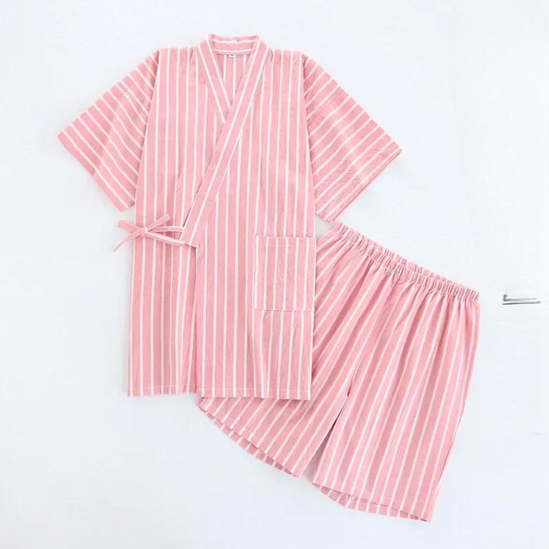 Cotton Thin Striped Pajamas for Men and Women Kimono Short-sleeved Shorts Pijamas Couple Summer V-Neck Home Clothes