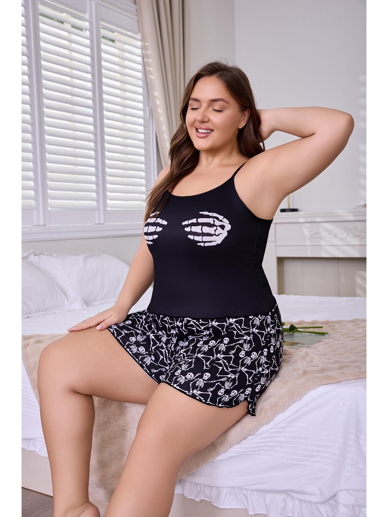 

Комплект пижамы-майки большого размера на Хэллоуин с деталями в виде отпечатков рук для женщин 4XL чёрный