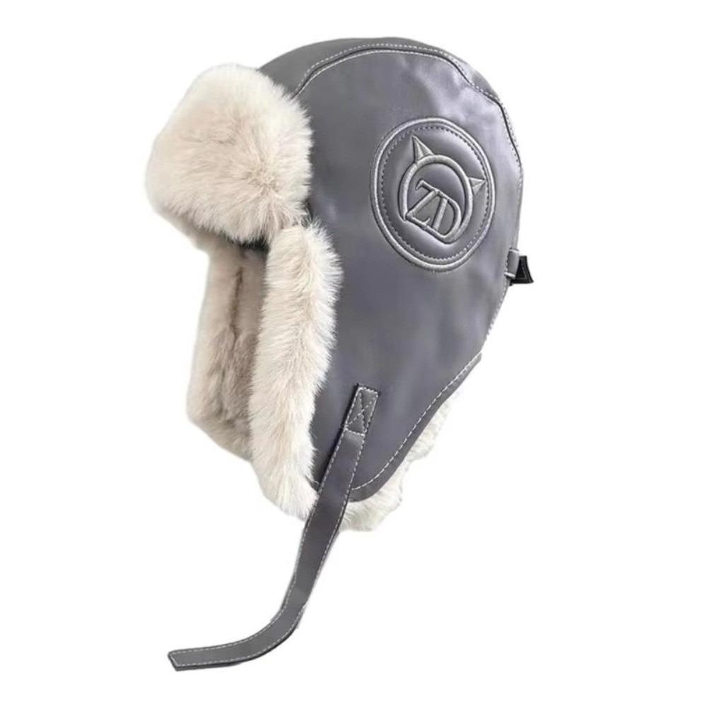 

PU Ear Protection Hat Furry Cycling Hat Fashion Leather Rocket Cap Winter Season Outdoor Wear сірий