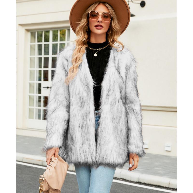 Women's Mid-Length Grey Faux Raccoon Fur Coat Open Front Warm Winter Jacket Casual Streetwear