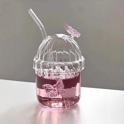 Adorable Pink Butterfly Glass Cup for Juices, Milk, and Tea - Trendy Summer Drinkware