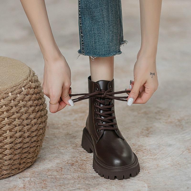 British Style Women's Boots 2024 Autumn Item Solid Color Thick Sole Height Increasing Wear-resistant Short Tube Women's Boots
