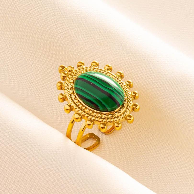 Green Striped Stone Vintage Gold Color Stainless Steel Open Adjustable Rings For Women Men Accessories Finger Jewelry Sun Flower