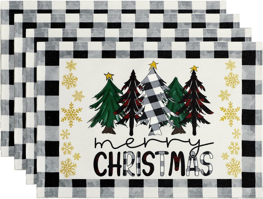 

Christmas Trees Placemats Black White Watercolor Buffalo Plaid Winter Table Mats Thick Woven Cotton Linen for Holiday Decor 4pcs