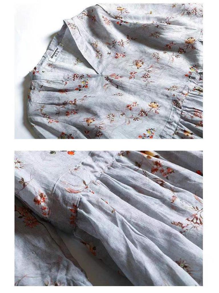 2026 Summer Cotton Linen V-Neck Waist-Cinching Printed Dress - Fashionable Casual Short-Sleeve Skirt for Women