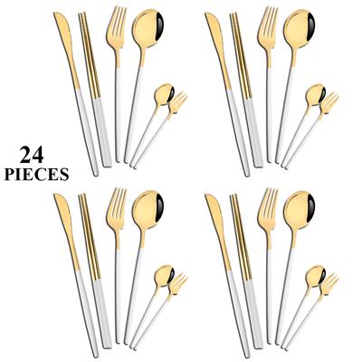 24Pcs White Gold Dinnerware Set Stainless Steel Tableware Knife Fork Spoons Teaspoon Chopsticks Cutlery Set Kitchen Flatware