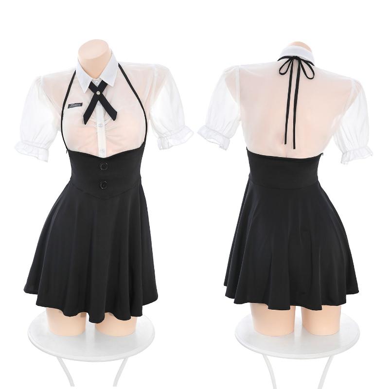 College Style Cosplay Student Costume Long Sleeved Top Halter Skirt Set Perspective Shirt Schoolgirl Roleplay Uniform Temptation