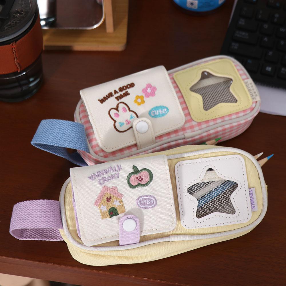 Multilayer Korean Pencil Case Embroidery Ins Pencil Pouch Y2K Cartoon Stationery Bag Unisex