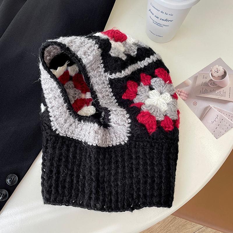 Knitted Hooded Caps Winter Balaclava Hats Women Outdoor Warmer Drawstring Hats 1-piece Neck Collar Beanies Cap