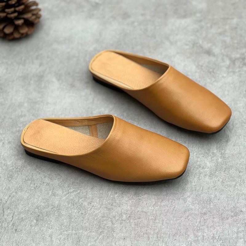 

Women s Summer Leather Square-Toe Flat Slippers - Handmade, Fashionable, and Comfortable for Outdoor Wear. 38 коричневий