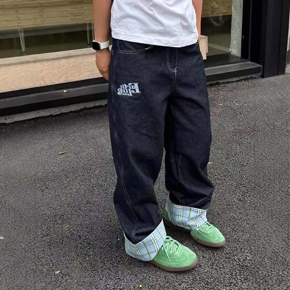 RogueWave Amerikansk Retro Rutig Patchwork Rullad Kant Damjeans High Street Harajuku Lös Vid Ben Raka Ben Herr- och Dambyxor