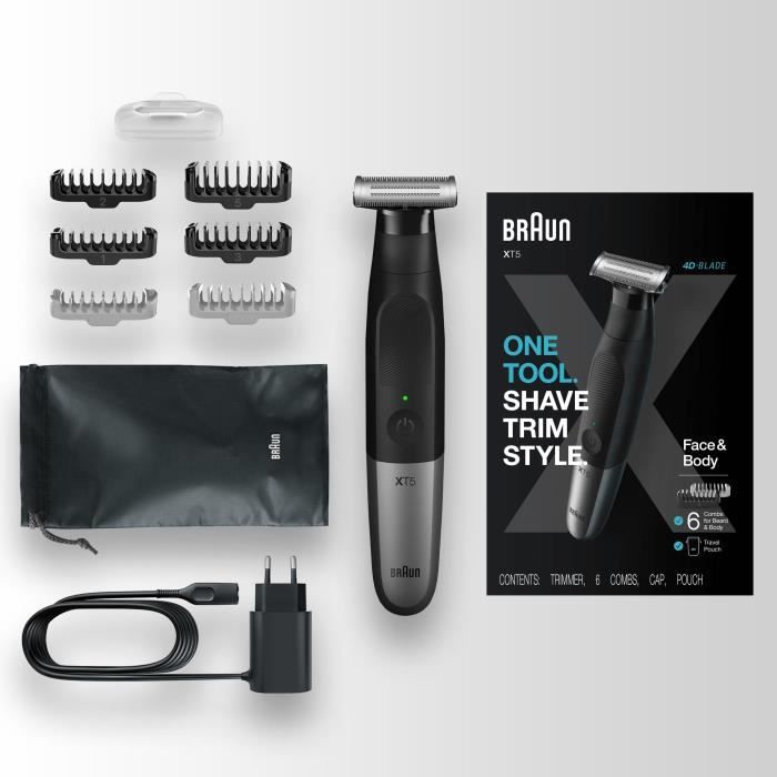 Braun Series XT5 Rasoir Électrique et Tondeuse Hybride Homme, pour visage+corps, Lame Durable et Pochette De Voyage Noir, XT5200