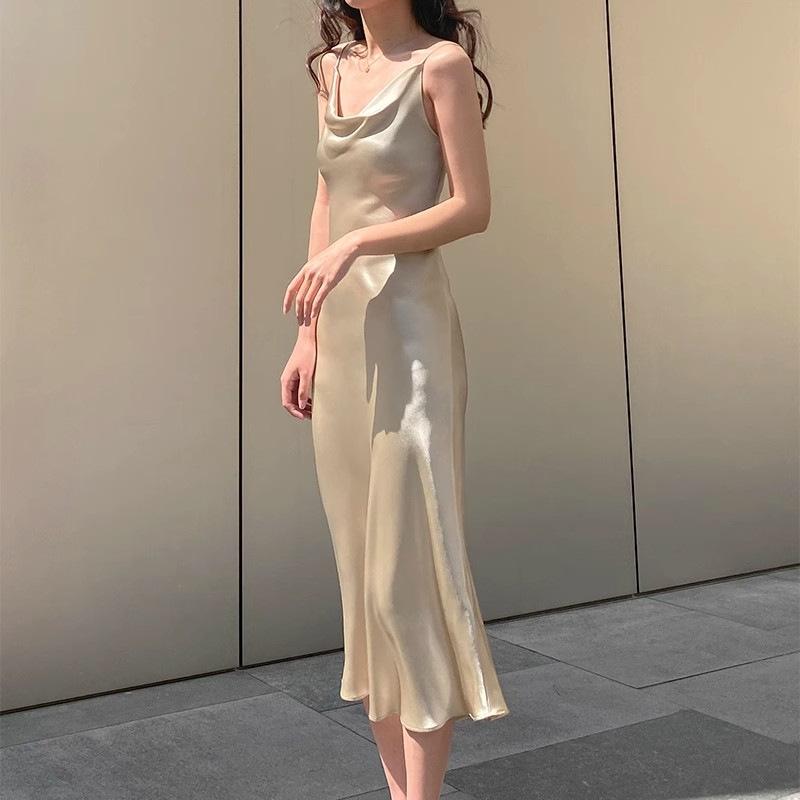 French acetate silk satin swing neck suspender dress summer drape waist hip skirt celebrity fishtail dress