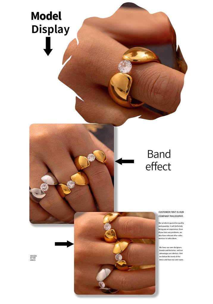 European & American Style Wide Band Zircon Ring with Retro Design in 18k Gold-Plated Titanium Steel