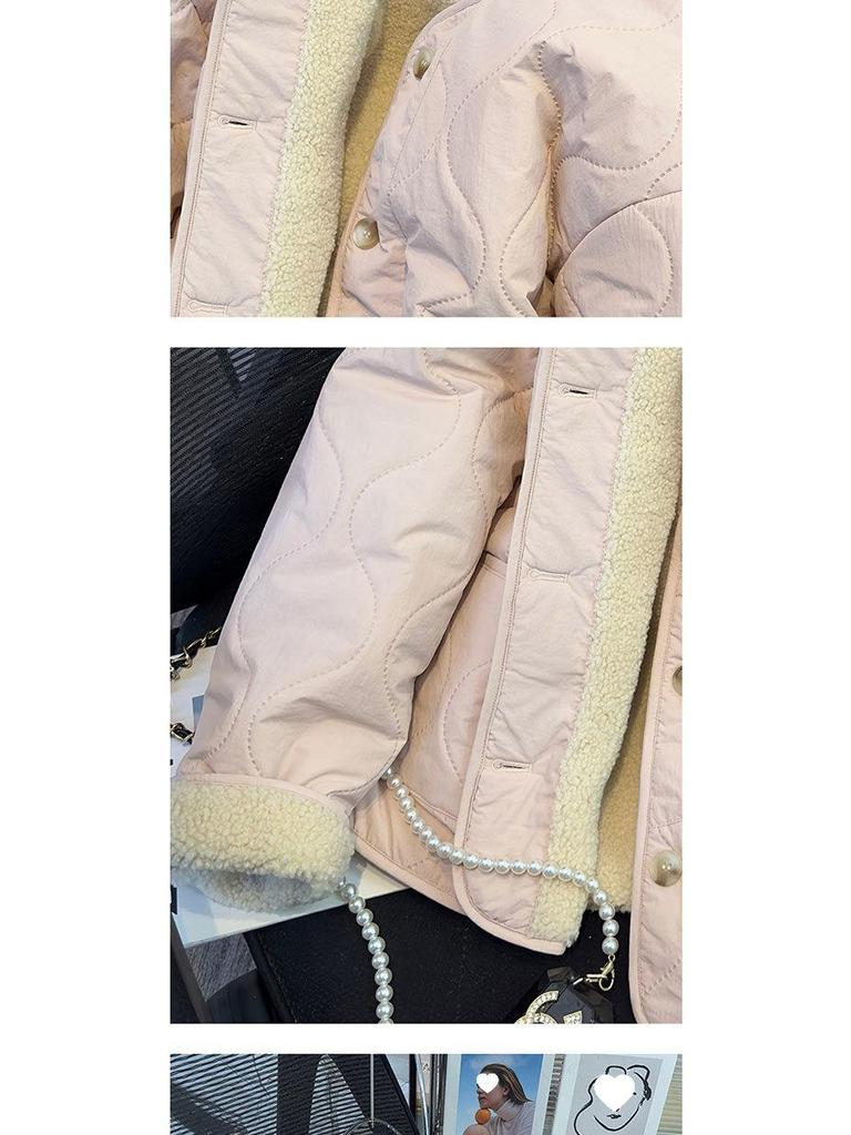 Women's Pink Fleece-Lined Cotton Coat - 2025 Autumn/Winter Fashionable Student Commuting Padded Jacket