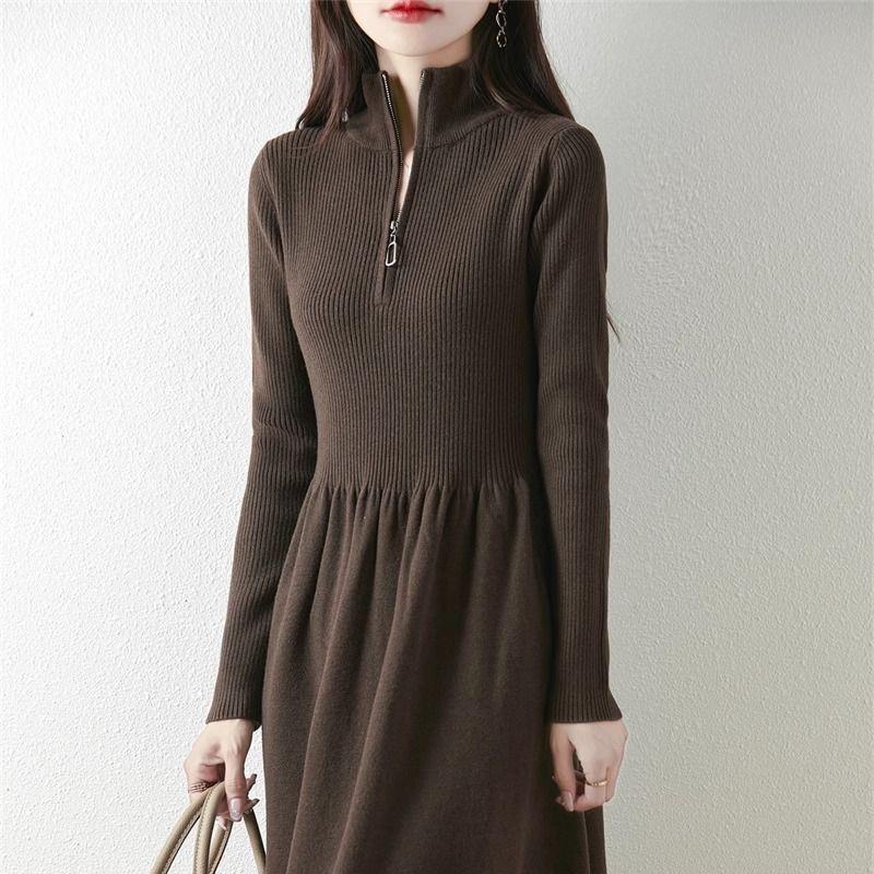 

Half-Zip Knit Dress: Women s Elegant Over-the-Knee, Versatile Base Layer for Autumn/Winter, in Grey or Classic Black. M (45-50kg)