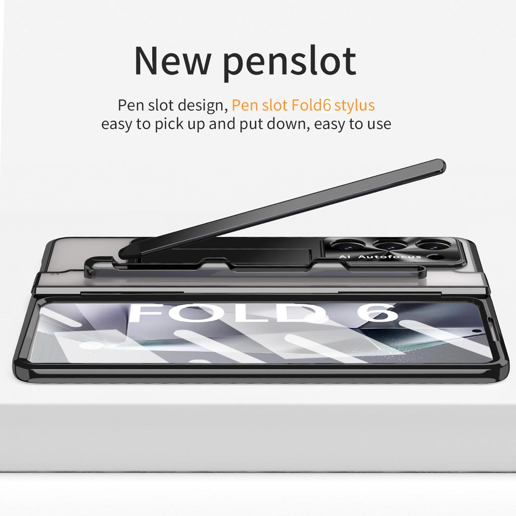 For Samsung Galaxy Z Fold6 5G Kickstand Phone Case PC Folding Cover with Tempered Glass Film+Stylus Pen