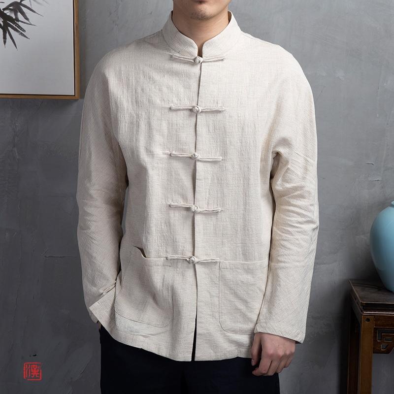 Spring and Autumn Chinese Style Disc Button Linen Shirt Men's Loose Long-sleeved Cotton and Linen Shirt Chinese Men's Retro Style Shirt