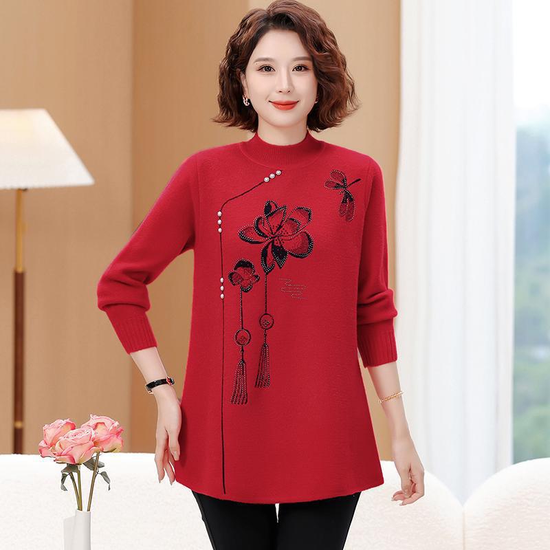 

220 Jin Plus Size Middle-Aged & Elderly Women s Round Neck Pullover Sweater, Autumn/Winter, Loose Fit, Base Layer. 4XL (120-140 jin)