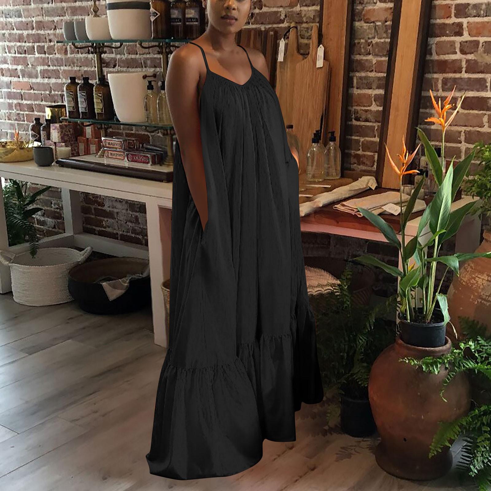 

Женское модное повседневное однотонное платье на бретельках с карманом, свободное платье с открытой спиной, большое распашное платье XXXL чёрный