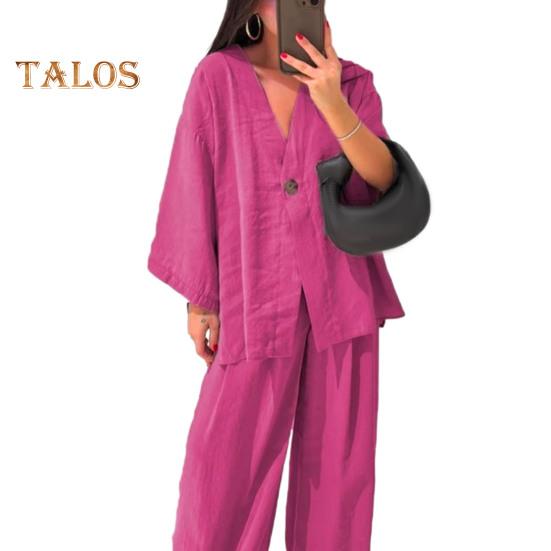 Dámský bavlněno-lněný dvoudílný outfit s dlouhým rukávem, top s výstřihem do V a zapínáním na knoflíky, široké kalhoty, ležérní souprava na doma