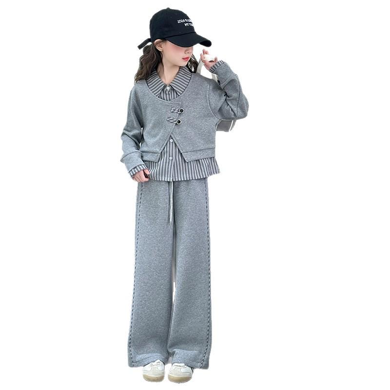 Girls' 2025 Fleece-Lined Set: Trendy Two-Piece Striped Top & Casual Pants for Autumn/Winter
